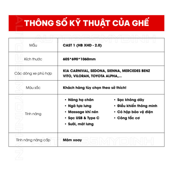 Thông số ghế Limousine cast 1 Thông số ghế Limousine cast 1